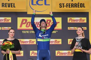 Michael Matthews reacts on the podium after winning stage 10 at the Tour de France.