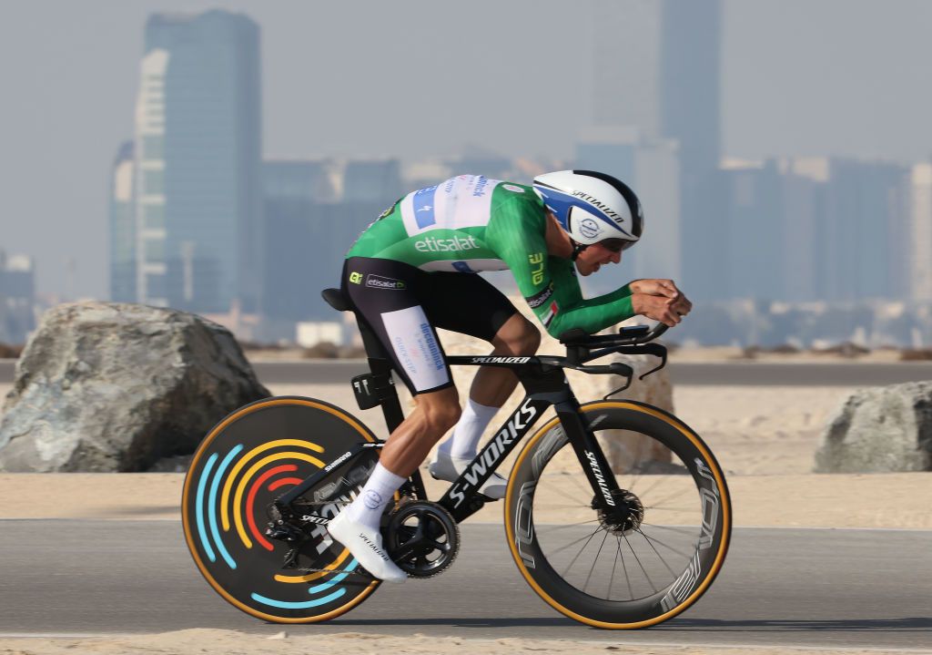 Joao Almeida of UCI WorldTeam Deceuninck Quick Step pedals during the second stage of the UAE Cycling Tour from alHudayriyat Island to alHudayriyat Island on February 22 2021 Photo by Giuseppe CACACE AFP Photo by GIUSEPPE CACACEAFP via Getty Images