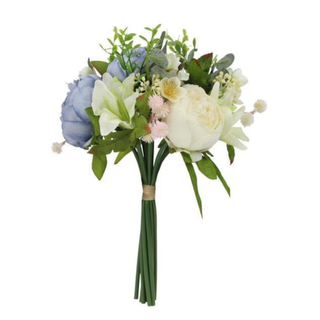 A bouquet of artificial blue and white peonies and lilies