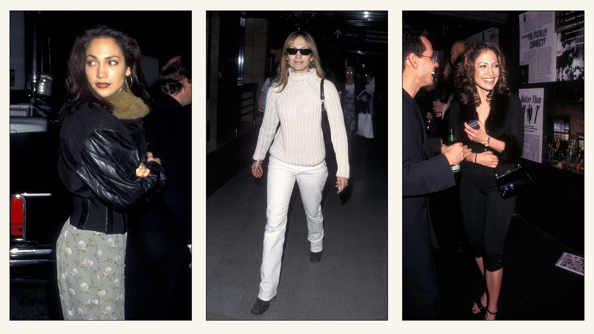 Collage of Jennifer Lopez in the 90s.