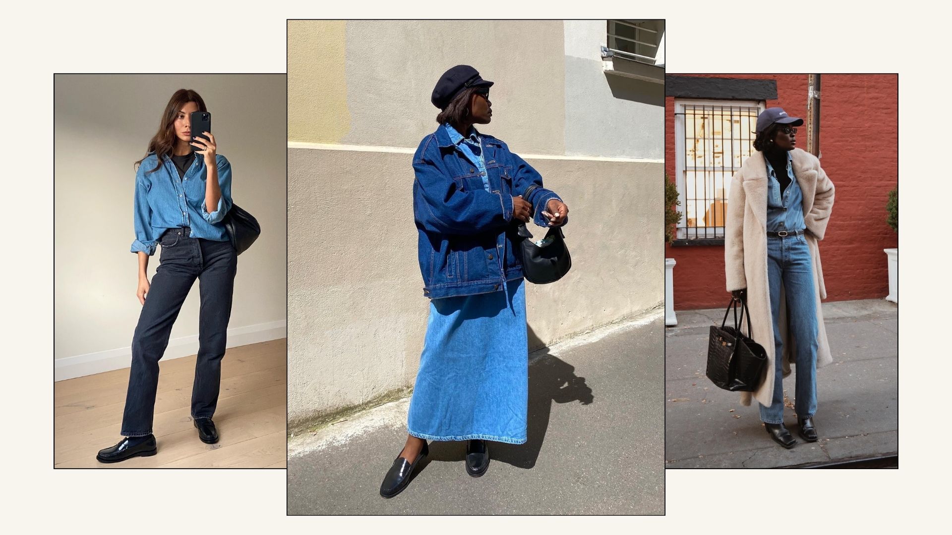 Three stylish women wearing double denim outfits