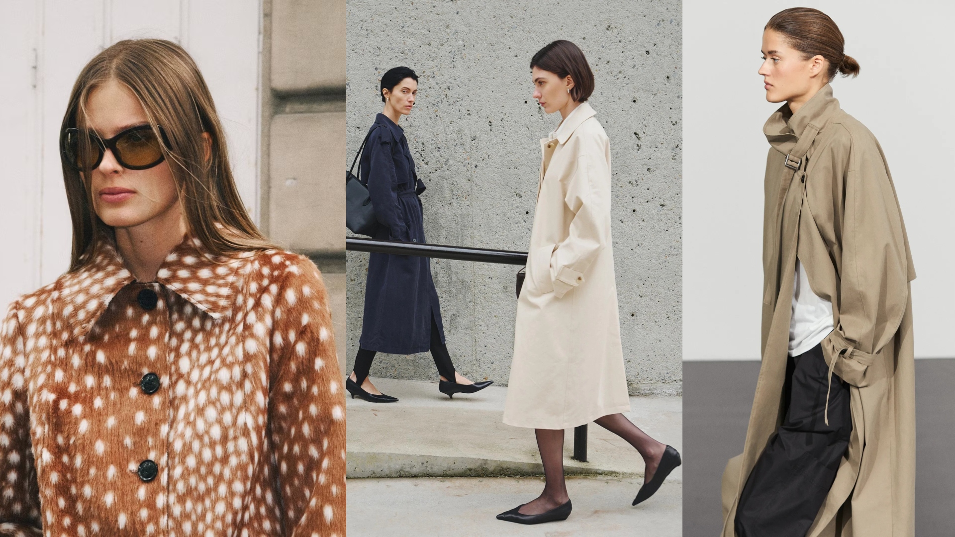 Mango, Rue Sophie, and Massimo Dutti models side-by-side wearing affordable coats for fall and winter