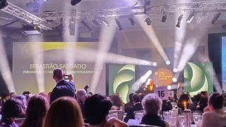 Photograph of Sebastiao Salgado receiving his Outstanding Contribution to Photography Award at the Sony World Photography Awards 2024 ceremony in London, England