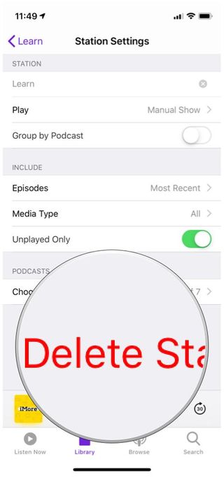 Apple Podcasts app Station Settings delete station option