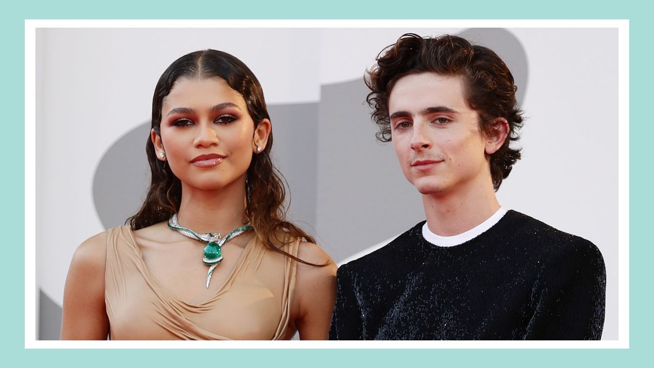 Timothée Chalamet and Zendaya attend the red carpet of the movie &quot;Dune&quot; during the 78th Venice International Film Festival on September 03, 2021 in Venice, Italy./ in a green template