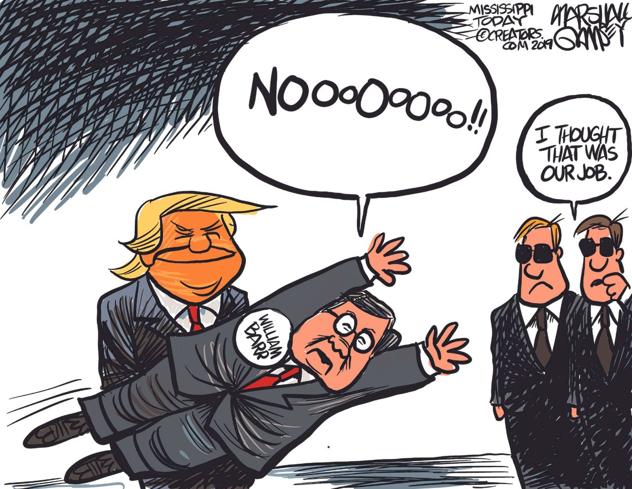 Political Cartoon U.S. William Barr Trump secret service protection testimony no collusion Mueller report