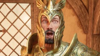 A surprised looking person wearing armor in Oblivion Remastered