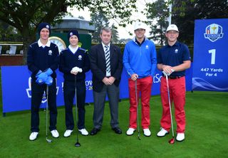 (L-R) Marcus Kinhult, John Axelsen, Referee Glen McFee, Sam Burns and Brad Dalke during the first round of the 2014 Junior Ryder Cup at Blairgowrie Golf Club on September 22, 2014