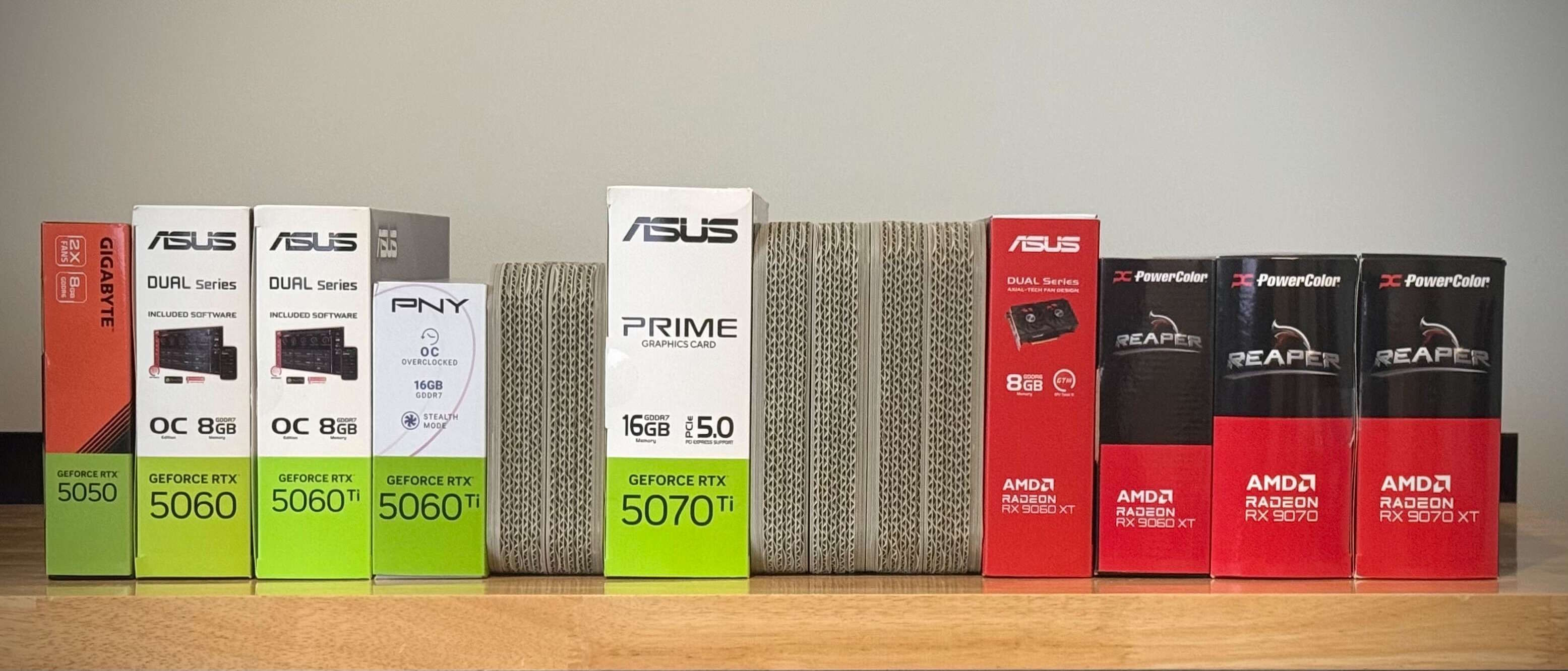 A group of RTX 50-series and RX 9000-series GPU boxes