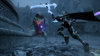 An ancient warrior leaps forward with an ethereal scythe