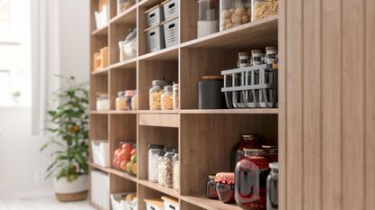 Close-up View Of Organised Pantry Items With Variety of Nonperishable Food Staples And Preserved Foods in Jars On Kitchen Shelf