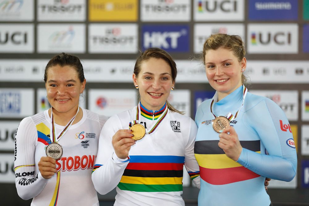 Martha Bayona Pineda of Columbia, Kristina Vogel of Germany, Nicky Degrendele of Belgium poses with their medals after winning Women's Keirin on Day 5 in 2017 UCI Track Cycling World Championships