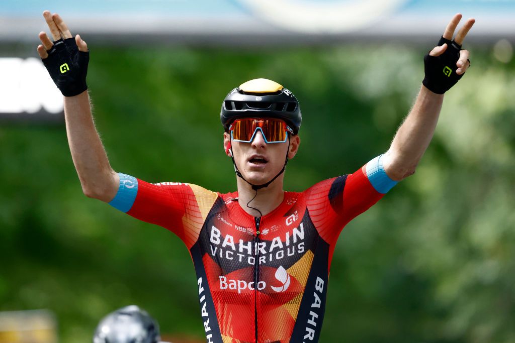BILZEN BELGIUM AUGUST 27 Matej Mohoric of Slovenia and Team Bahrain Victorious celebrates at finish line as stage winner during the 19th Renewi Tour 2023 Stage 5 a 1873km stage from Riemst to Bilzen UCIWT on August 27 2023 in Bilzen Belgium Photo by Bas CzerwinskiGetty Images