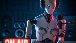 A robot wearing headphones mixes music. In the foreground there is a sign that reads 