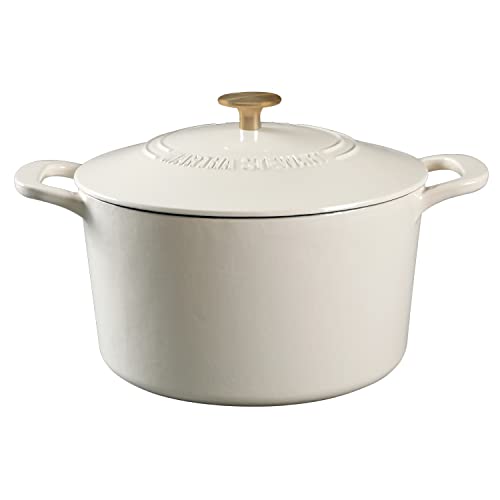 Martha Stewart Gatwick 7-Quart Enamel Cast Iron Dutch Oven &amp;ndash; Linen White With Gold &amp;ndash; Heavy-Duty Dutch Oven for Slow Cooking, Braising &amp;amp; Baking