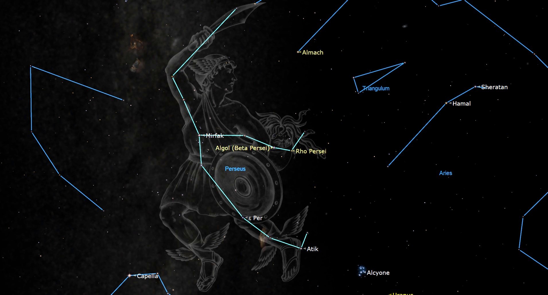 A close up of the constellation Perseus, with a cartoon warrior behind the labeled stars like Algol.