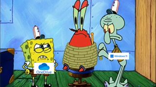 A meme of Squidward and Spongebob interrogating Mr. Krabs. The characters are labeled OneDrive and Windows 11.