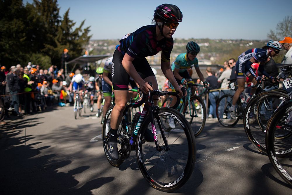 Lisa Brennauer CANYON//SRAM Racing rides up the Mur de Huy in the first lap of the Fl&egrave;che Wallonne Femmes