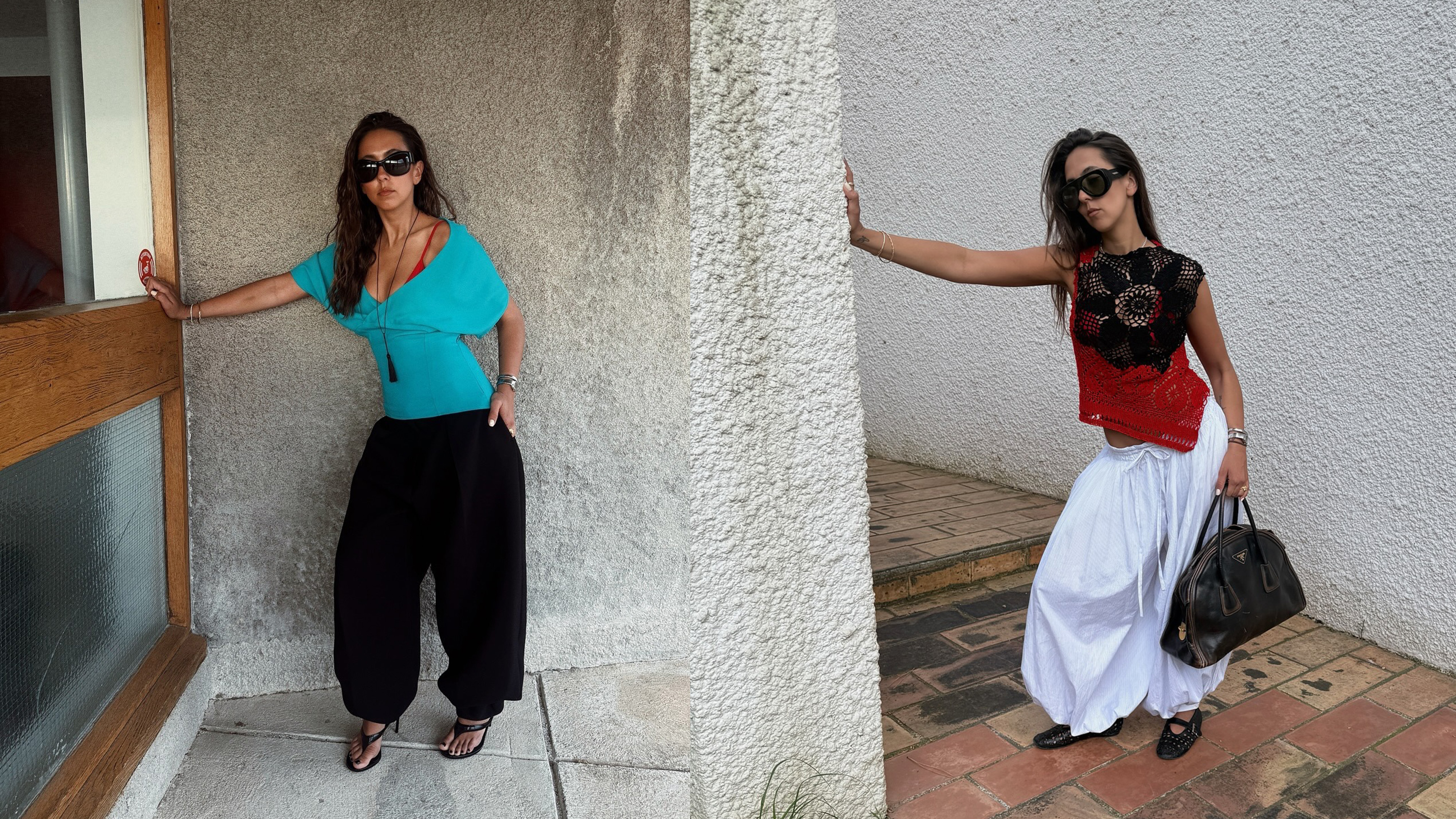 Hanna MW wearing two genie pants outfits, one in white with a crochet red-and-black top and another in black with a turquoise top.