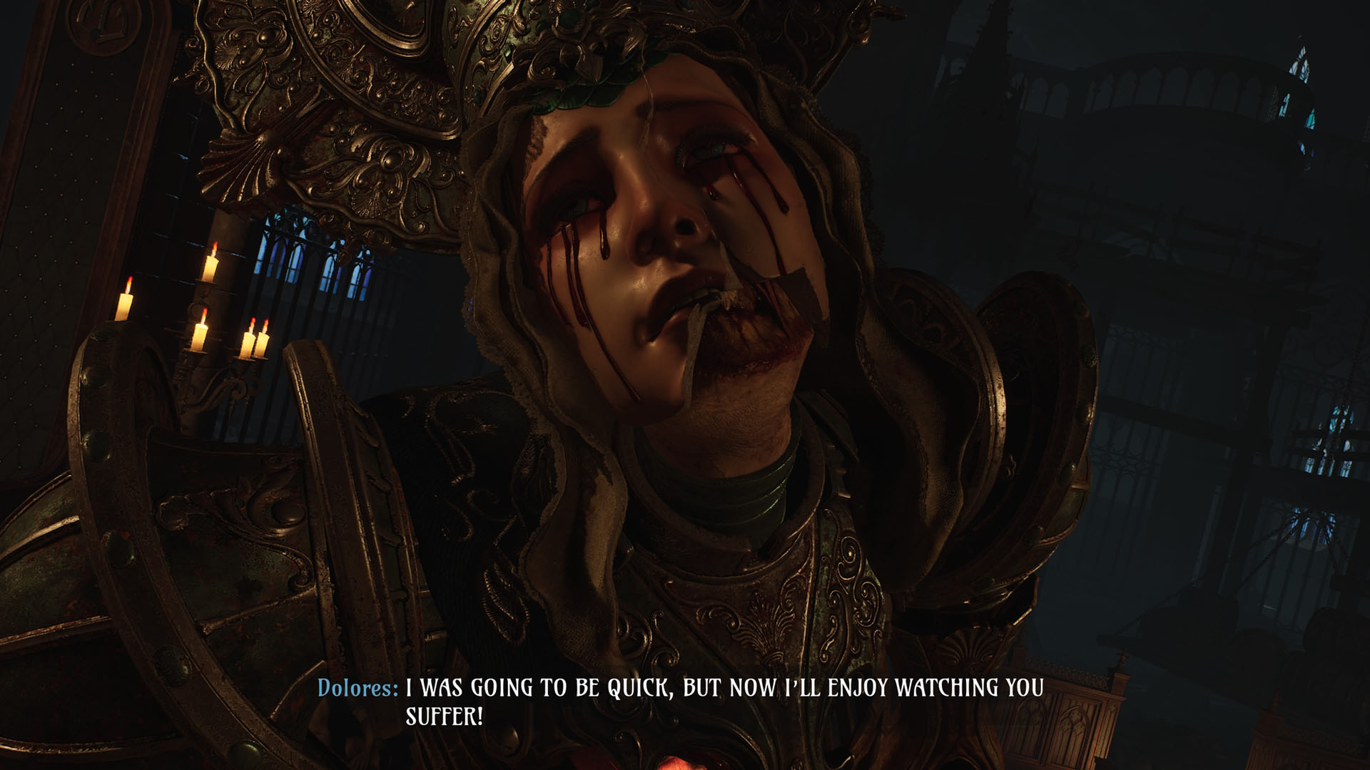 Dolores, dressed in regal attire and with blood streaming from her eyes and face, in Crisol: Theater of Idols says she will enjoy watching us suffer