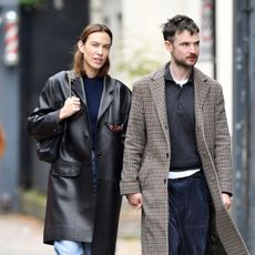 Alexa Chung wearing patent-leather ballet flats in London