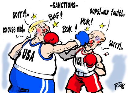 Political cartoon U.S. Trump Putin Russia sanctions boxing