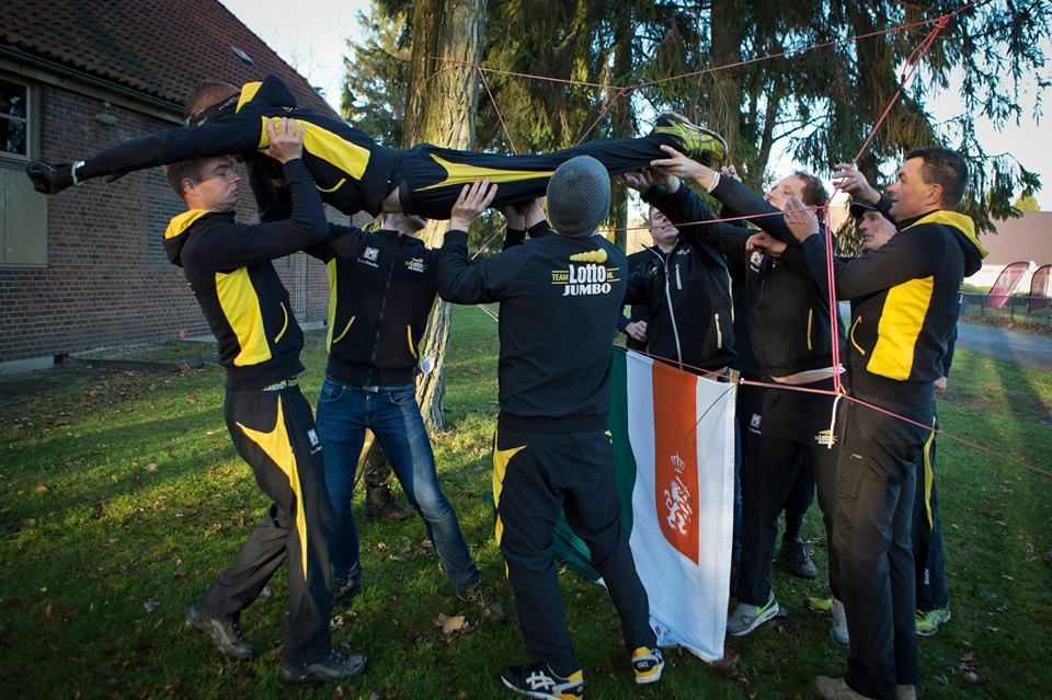 The team take part in some trust exercises