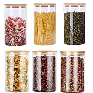 Dearwell Glass Food Storage Jars Containers, 32oz Glass Storage Jar With Airtight Bamboo Lids Set of 6 Kitchen Glass Canisters for Coffee, Flour, Sugar, Candy, Cookie, Spice and More