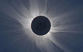 photo of a total solar eclipse, showing the sun's wispy outer atmosphere extending large distances away from the blacked-out solar disk