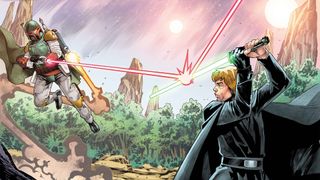 Luke Skywalker using his lightsaber to deflect a blaster shot from Boba Fett
