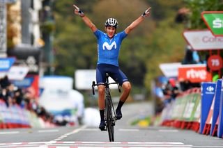 LEKUNBERRI SPAIN OCTOBER 21 Arrival Marc Soler Gimenez of Spain and Movistar Team Celebration during the 75th Tour of Spain 2020 Stage 2 a 1516km stage from Pamplona to Lekunberri lavuelta LaVuelta20 La Vuelta on October 21 2020 in Lekunberri Spain Photo by Justin SetterfieldGetty Images