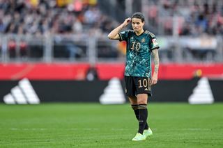Dzsenifer Marozsan of Germany gestures during the Women's international friendly between Germany and Brazil at Max-Morlock-Stadion on April 11, 2023 in Nuremberg, Germany. (Photo by Harry Langer/DeFodi Images via Getty Images)