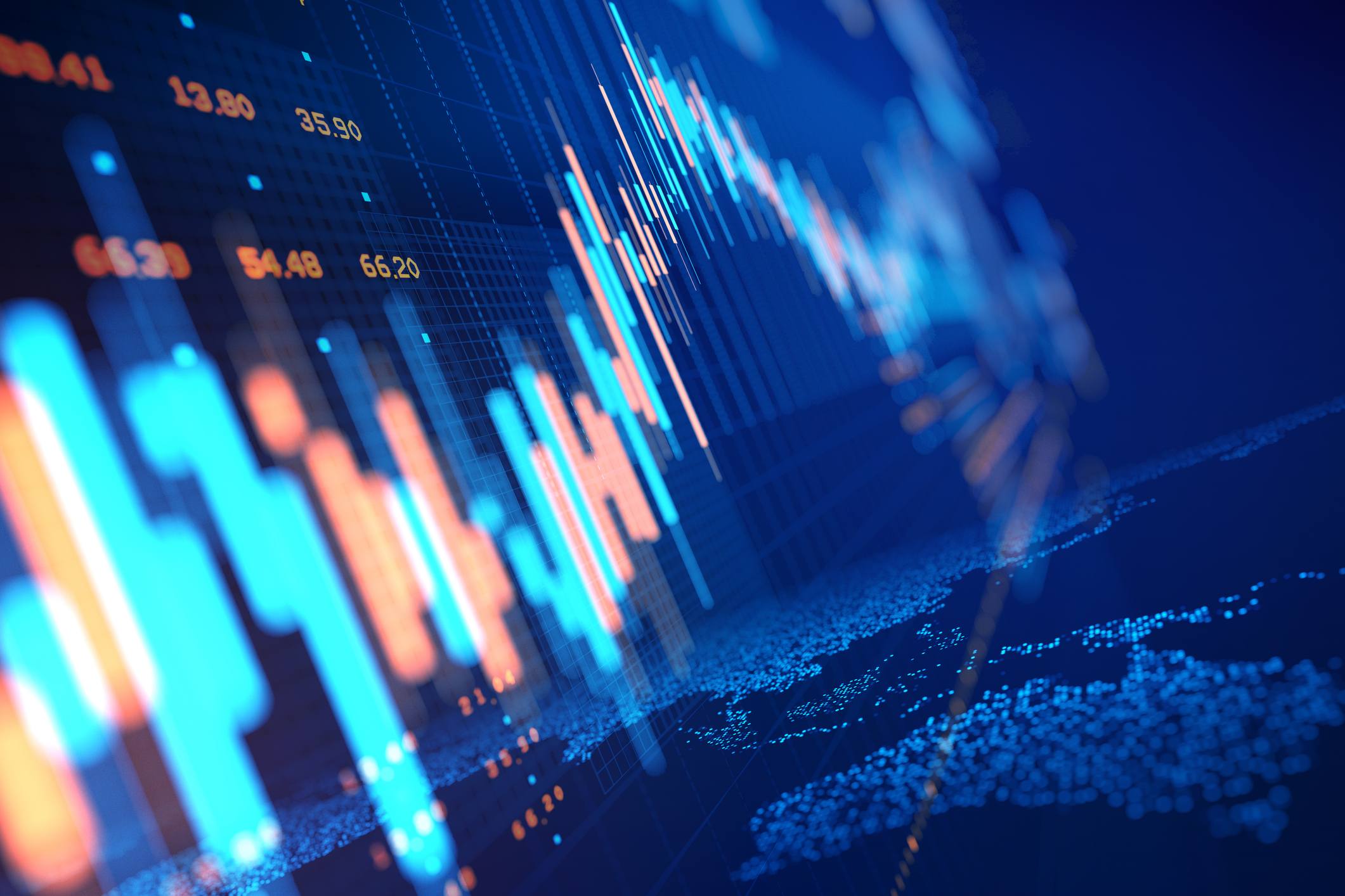 close-up of a stock market chart with blue and orange bars