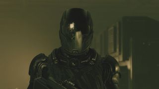 The Hunter, a character in Starfield, stands with his helmet on
