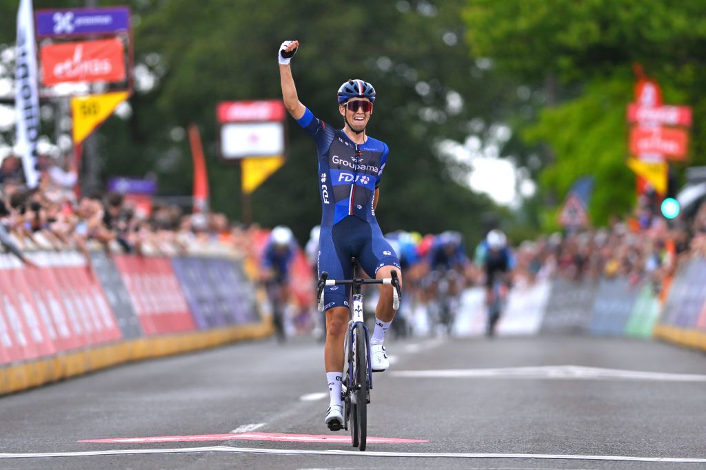 THUIN BELGIUM JULY 26 Samuel Watson of The United Kingdom and Team Groupama FDJ celebrates at finish line as stage winner during the 45th Tour de Wallonie 2024 Stage 5 a 19215km stage from Mouscron to Thuin on July 26 2024 in Thuin Belgium Photo by Luc ClaessenGetty Images