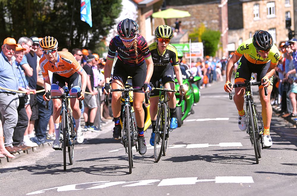 Megan Guarnier of The United States and Boels - Dolmans Cycling Team / Pauline Ferrand-Pr&eacute;vot of France and Team Canyon SRAM in the breakaway at Fleche Wallonne