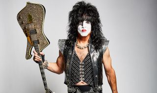 Paul Stanley with his cracked mirror Ibanez Iceman guitar