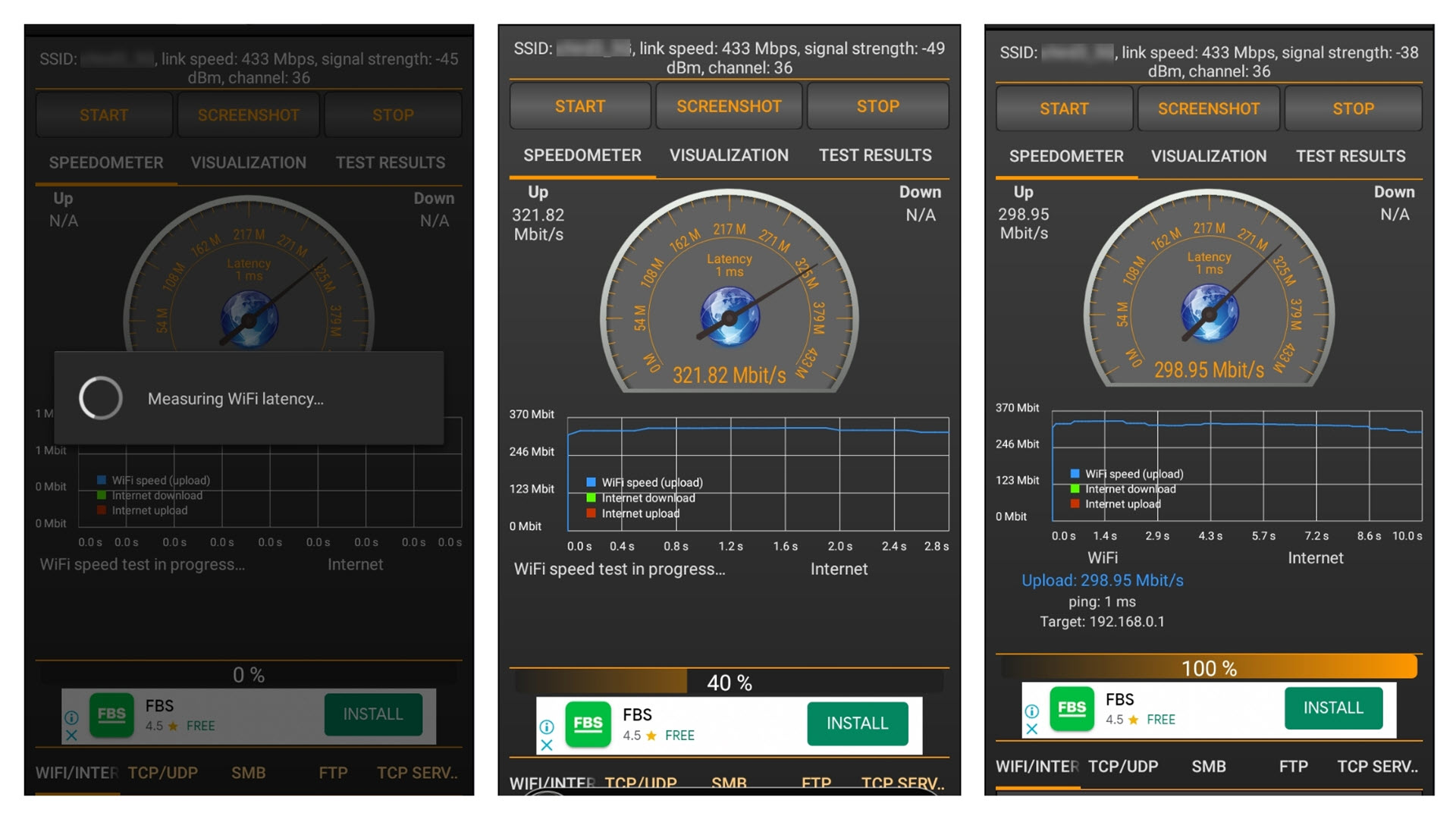 Screenshots of a speed test with Wi-Fi Speed ​​Test