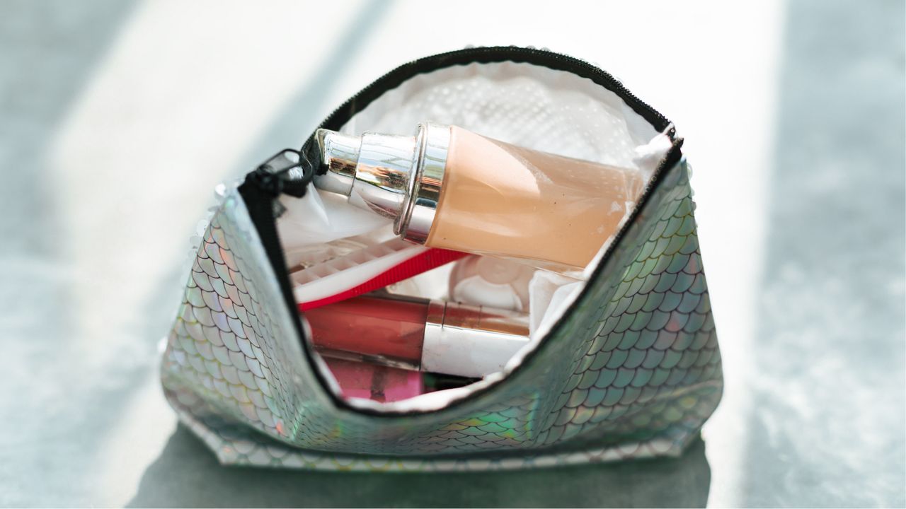 Close up of open make-up bag