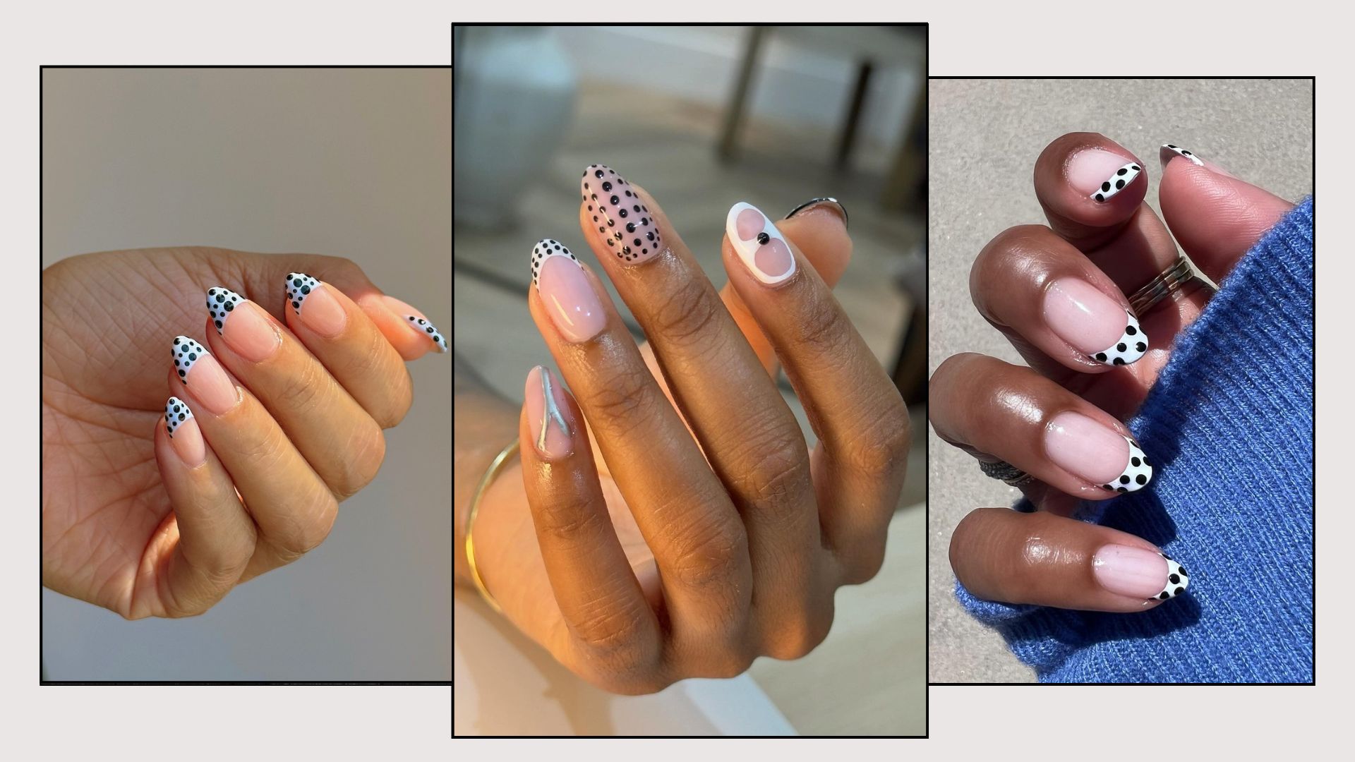 A collage of polka dot French tip manicures