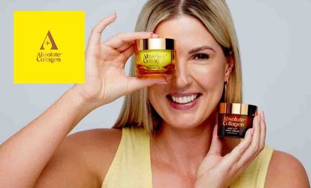 absolute collagen logo placed over a woman smiling covering one eye with a absolute collagen eyemask