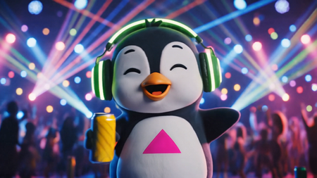 An AI-generated penguin wearing headphones and drinking a soft drink in a nightclub, that we created using Adobe Firefly