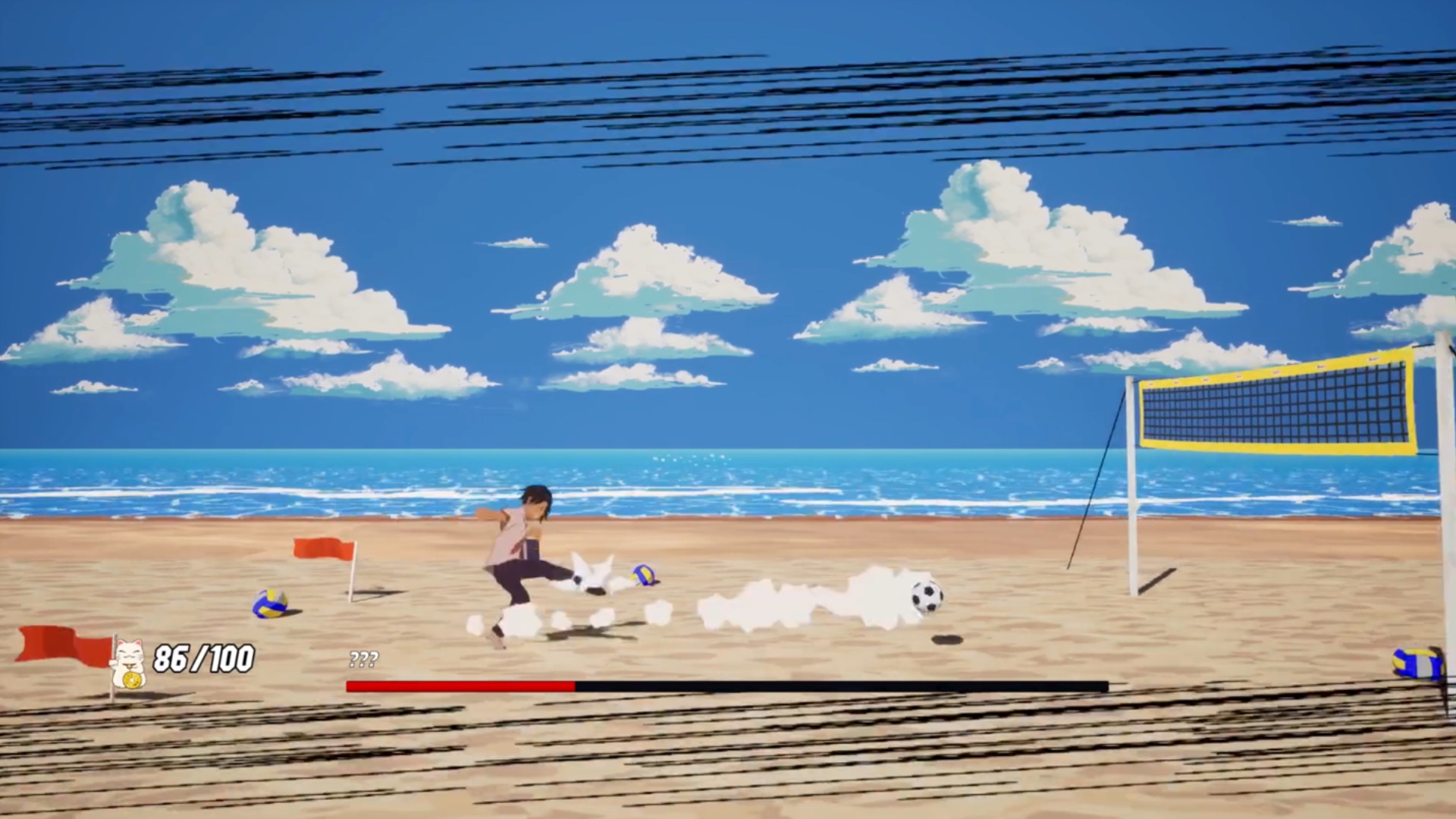 Screens from an indie game featuring a ball dribbling boy across beaches, ship yards and urban streets