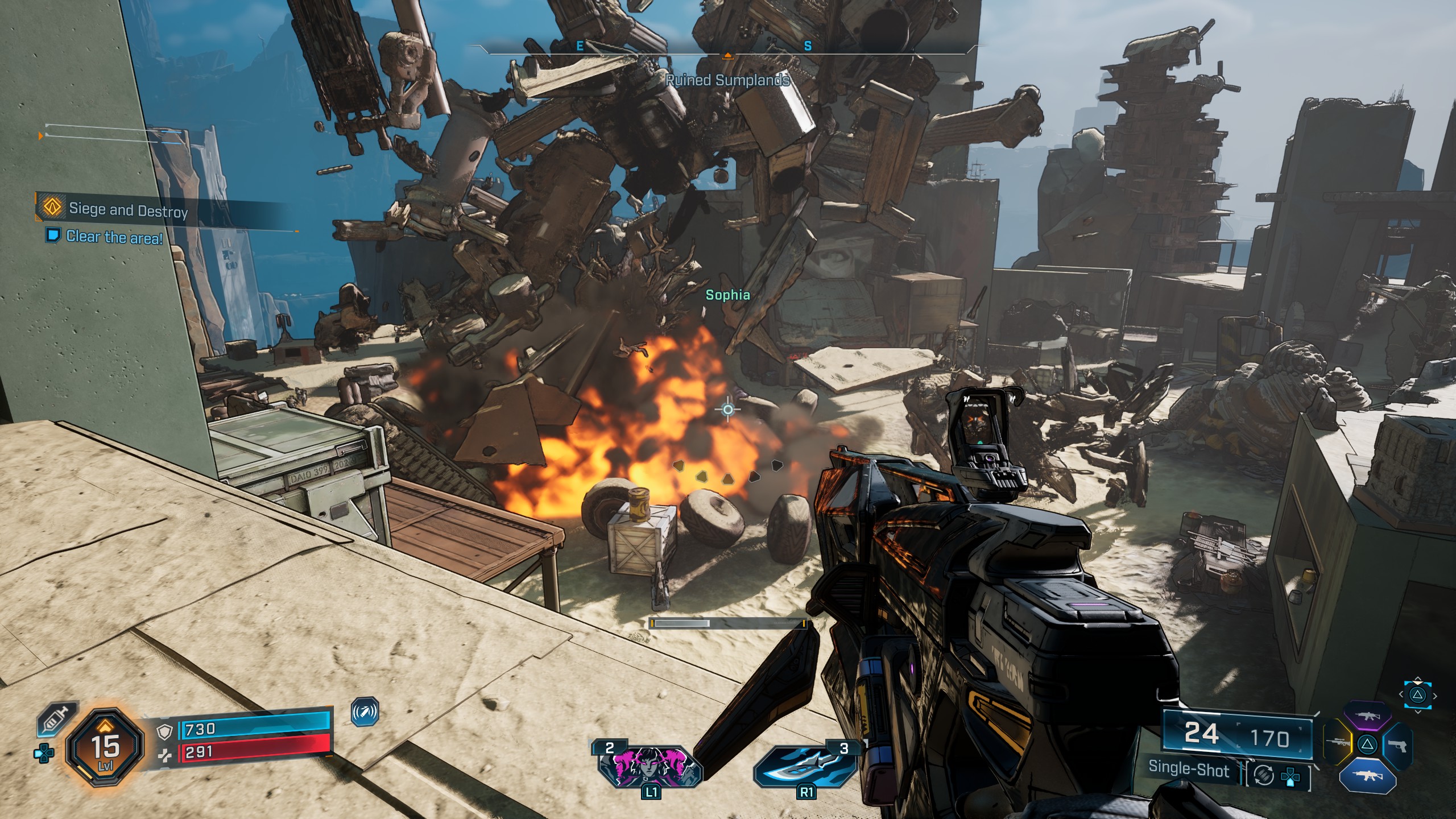 Borderlands 4 tips image showing the player gliding during a big explosion