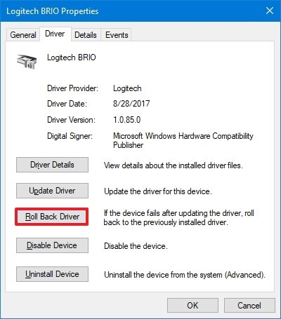 Device Manager camera driver rollback