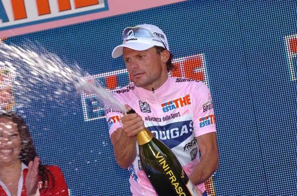 Letting the bubbly flow. Danilo Di Luca (Liquigas) moved into the race lead after Enrico Gasparotto (Liquigas) got held up in a crash.