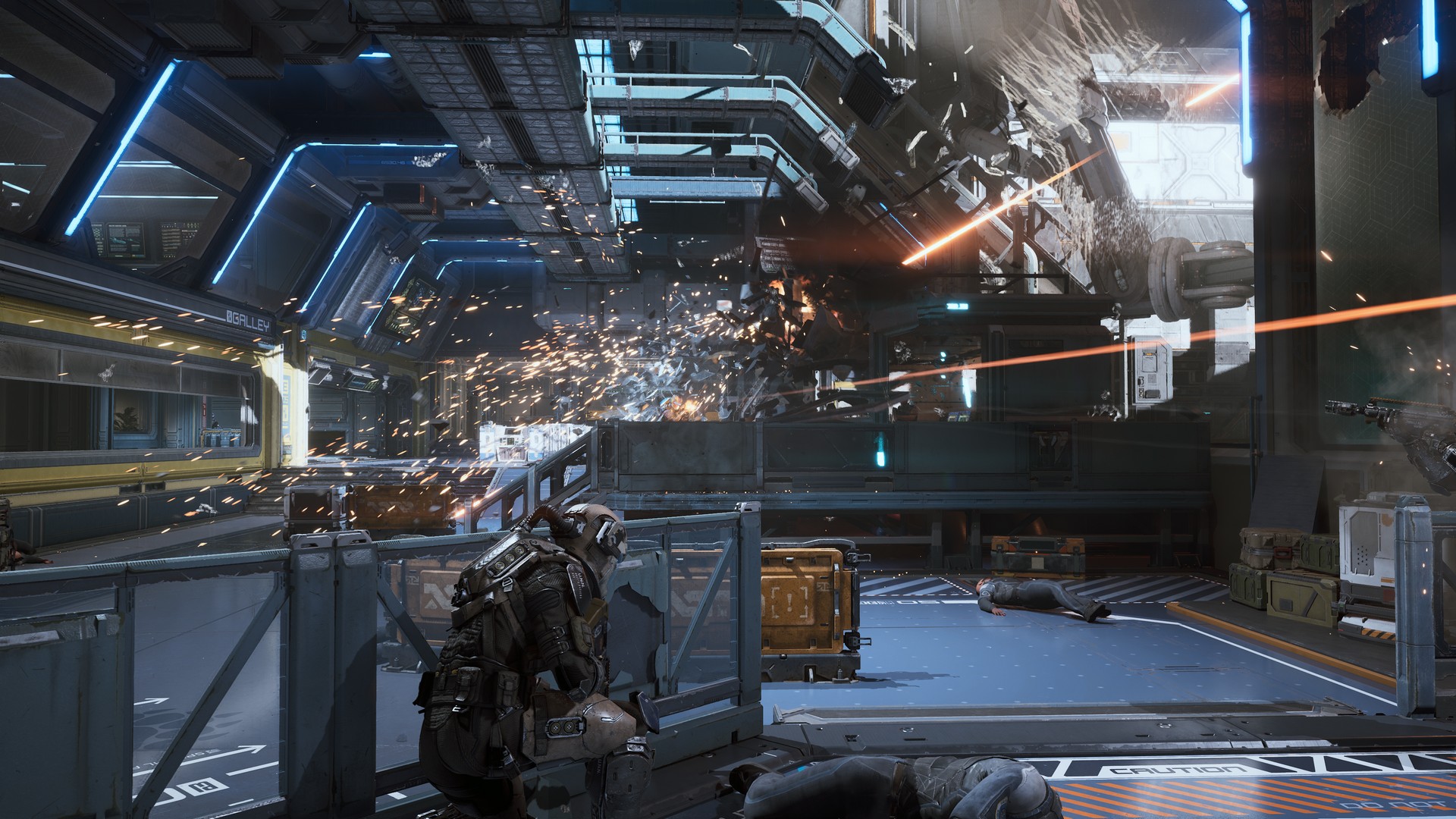 Taking cover in a space station as gunfire blows apart bits of the environment in The Expanse: Osiris Reborn