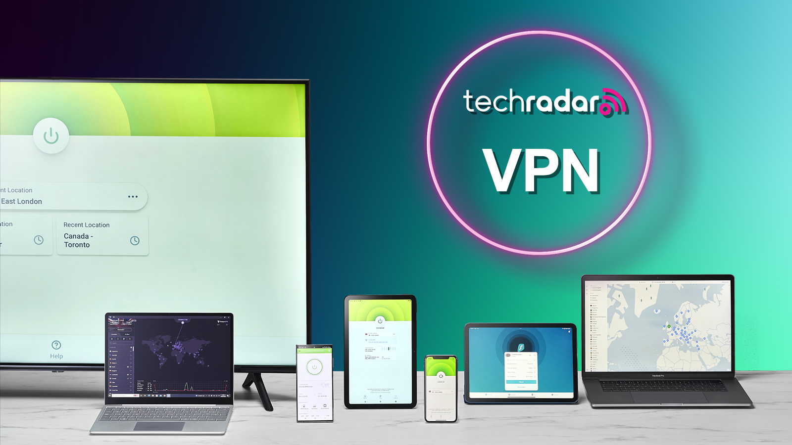 Multiple devices running popular VPN services with the TechRadar logo and 