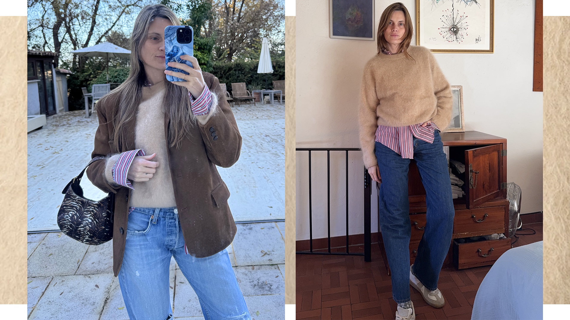 French writer and fashion editor Eugenie Trochu poses in a corduroy jacket, tan sweater layered over a striped button-down shirt, an animal print bag, jeans, and sneakers
