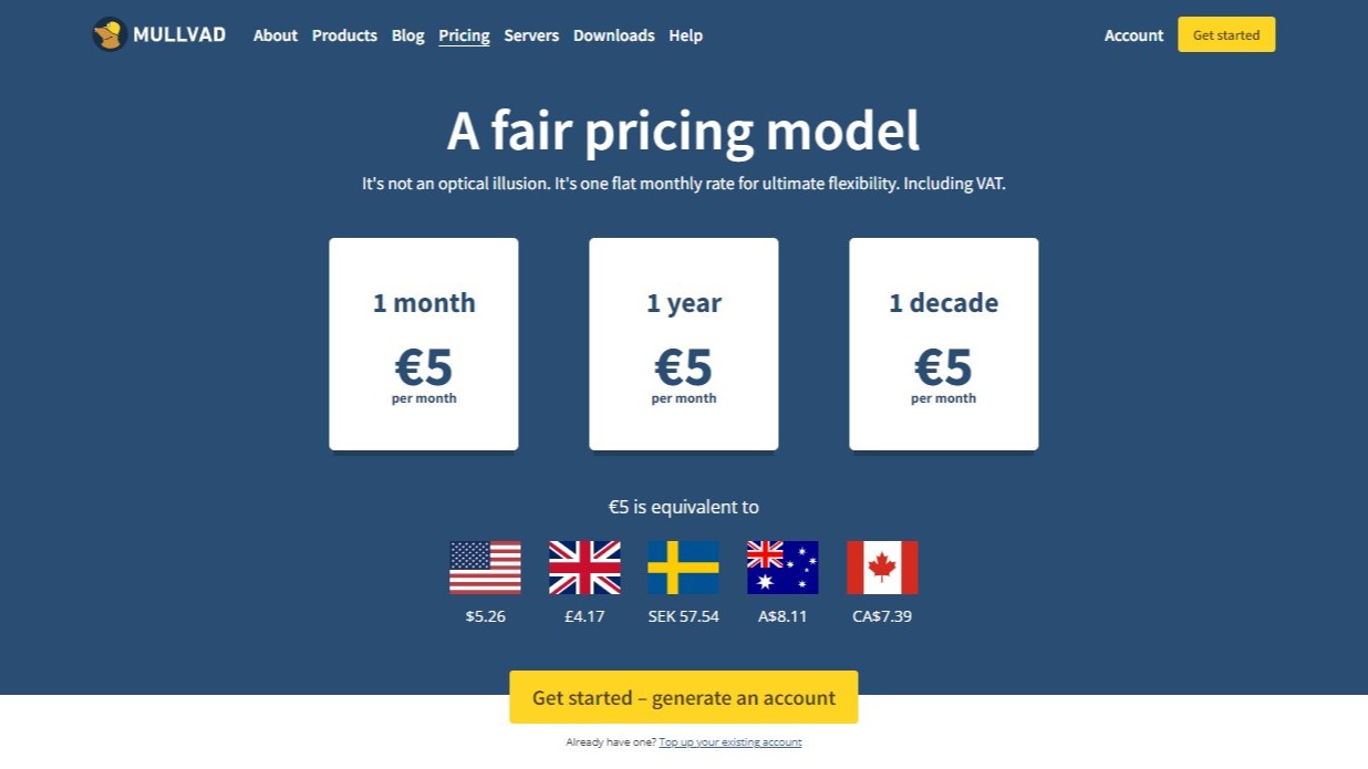 Screenshot of Mullvad pricing page